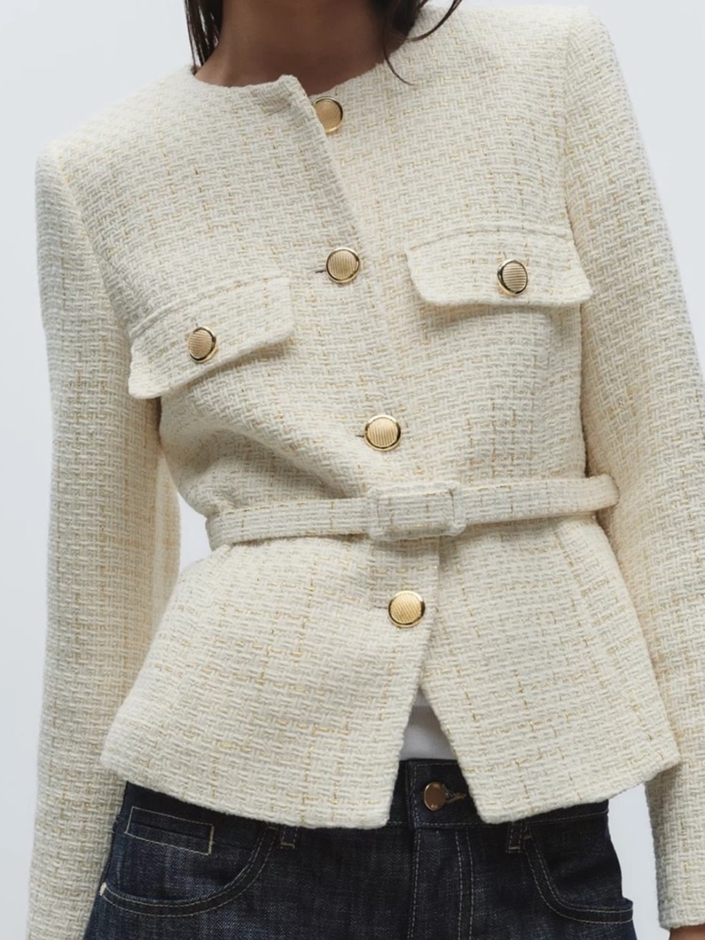 NWOT ZARA Belted Woven Cream Jacket with Gold Button